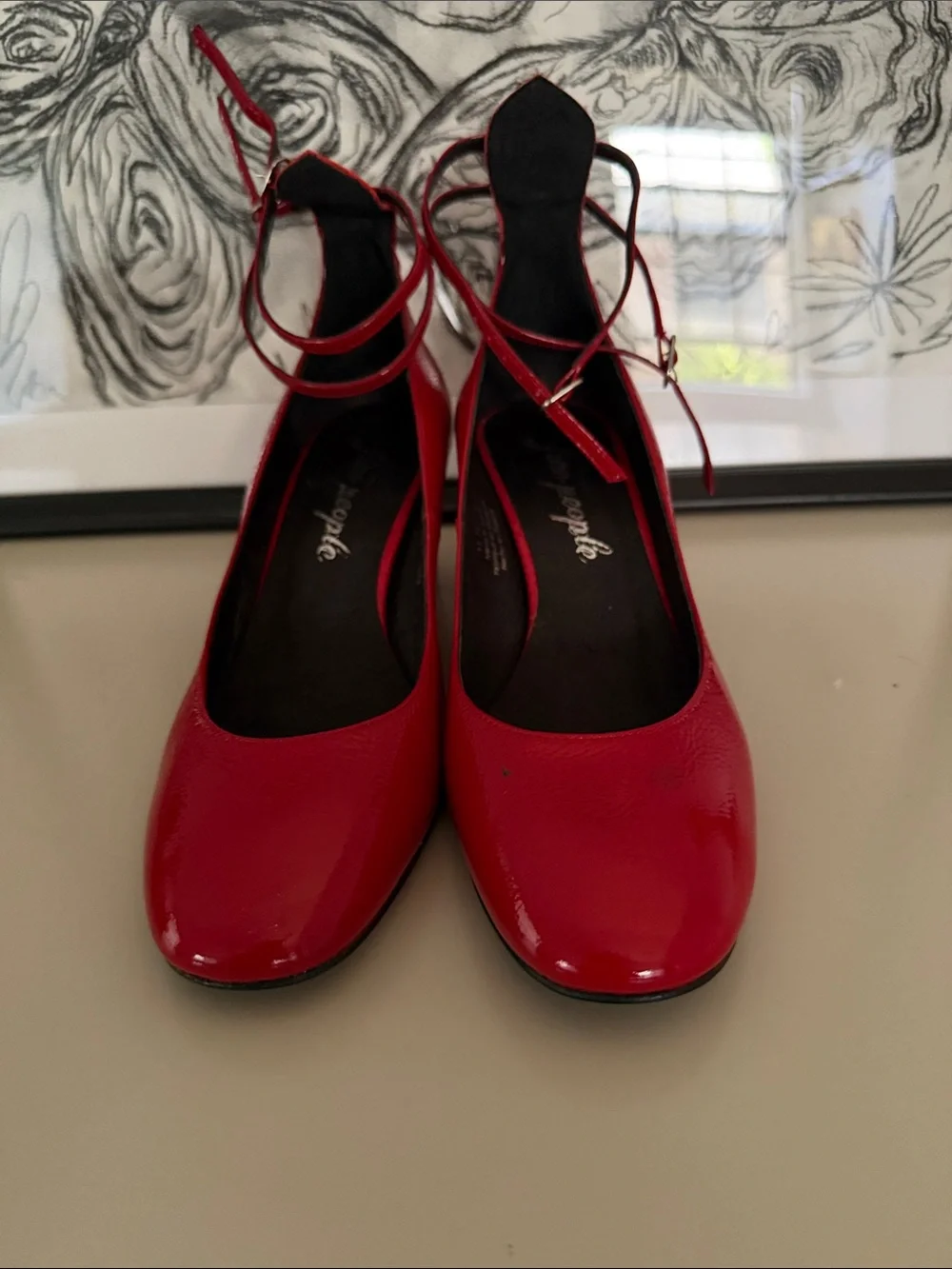 Free people Red Patent Low Block Heel Pumps with Ankle Strap - Women